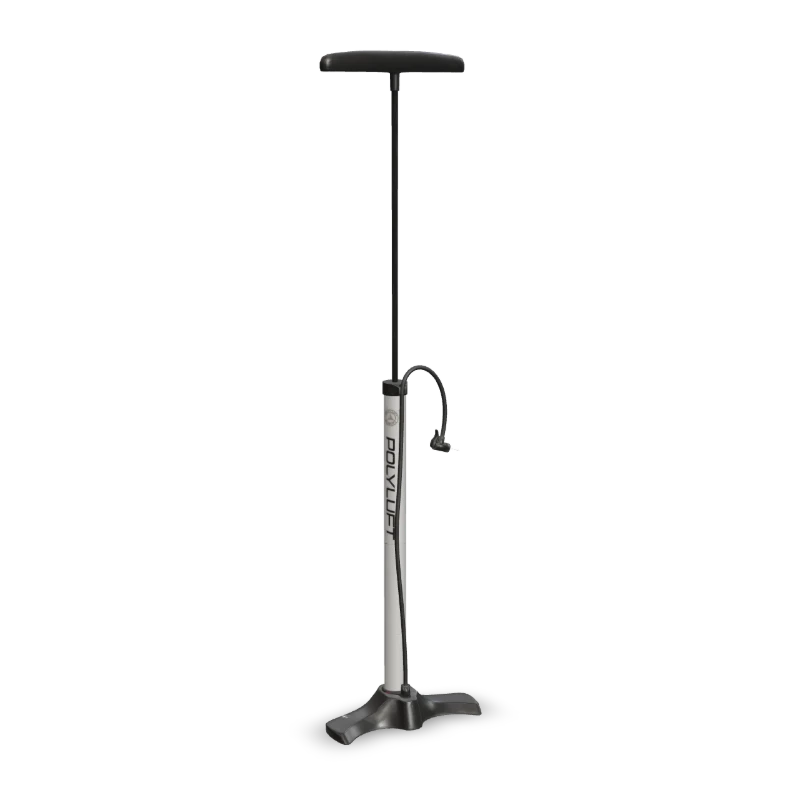 A floor pump for bicycle tyres, its handle up.