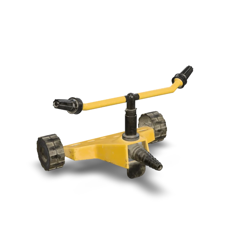 A yellow garden sprinkler on wheels, with a turning arm.