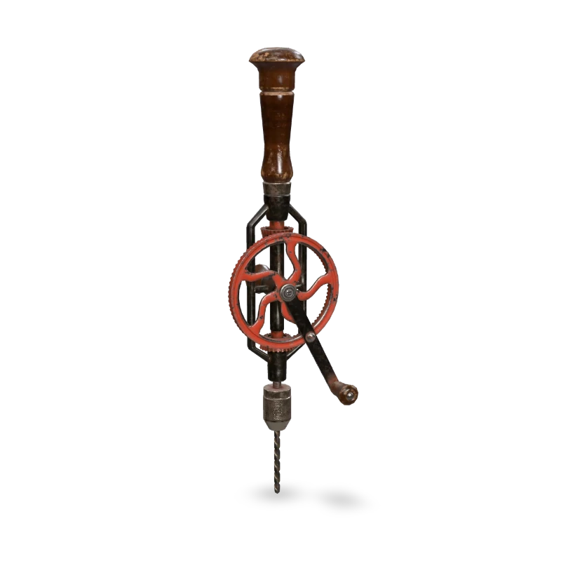 The hand drill, assembled: a crank, a big gear wheel and the chuck on a frame.