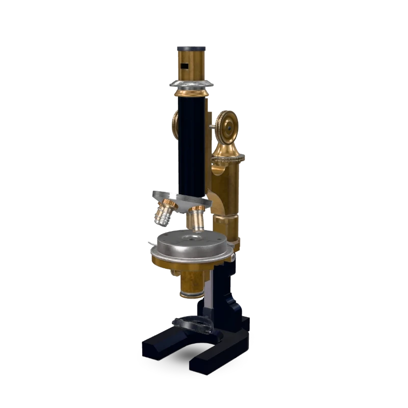 A vintage microscope on its stand.