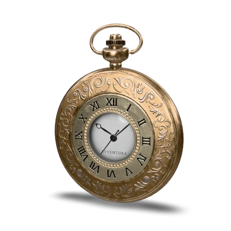 The pocket watch, closed, its dial showing the time.