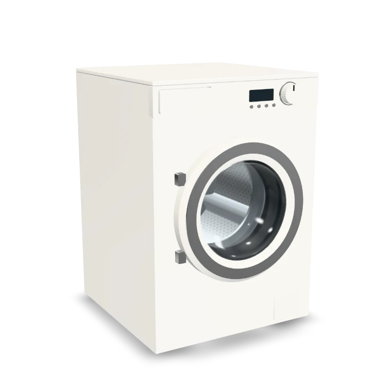A white front-loading washing machine.